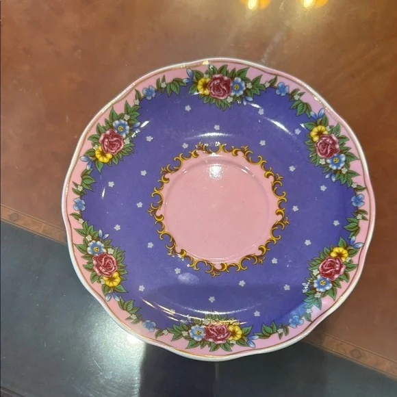 Purple and Gold Cat Teacup and Saucer Drinkware